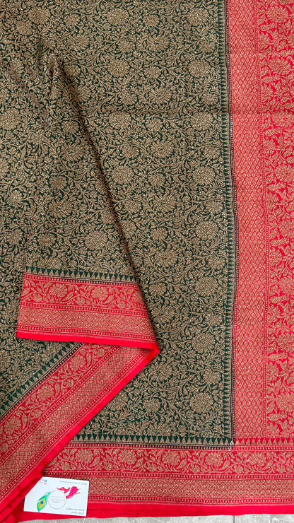 Raw Banarasi Handloom – Bottle Green with Red