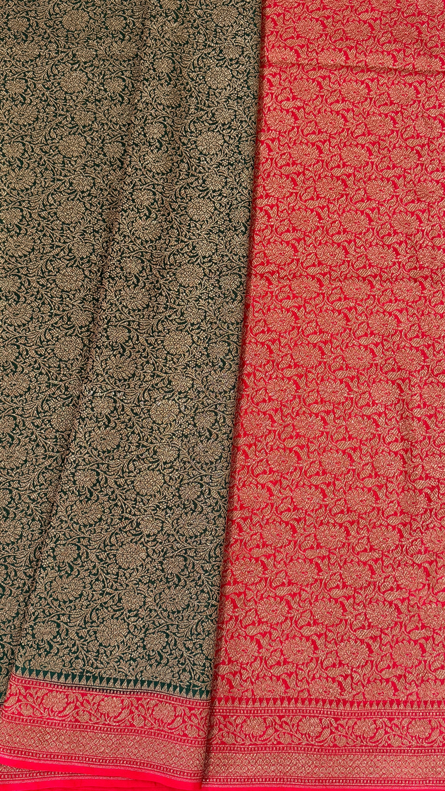 Raw Banarasi Handloom – Bottle Green with Red