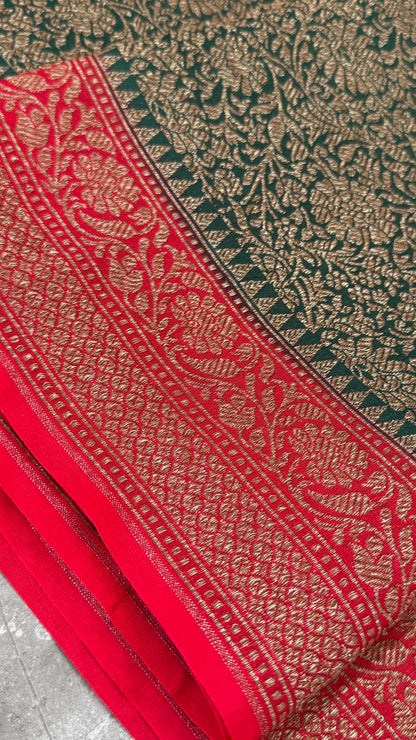 Raw Banarasi Handloom – Bottle Green with Red