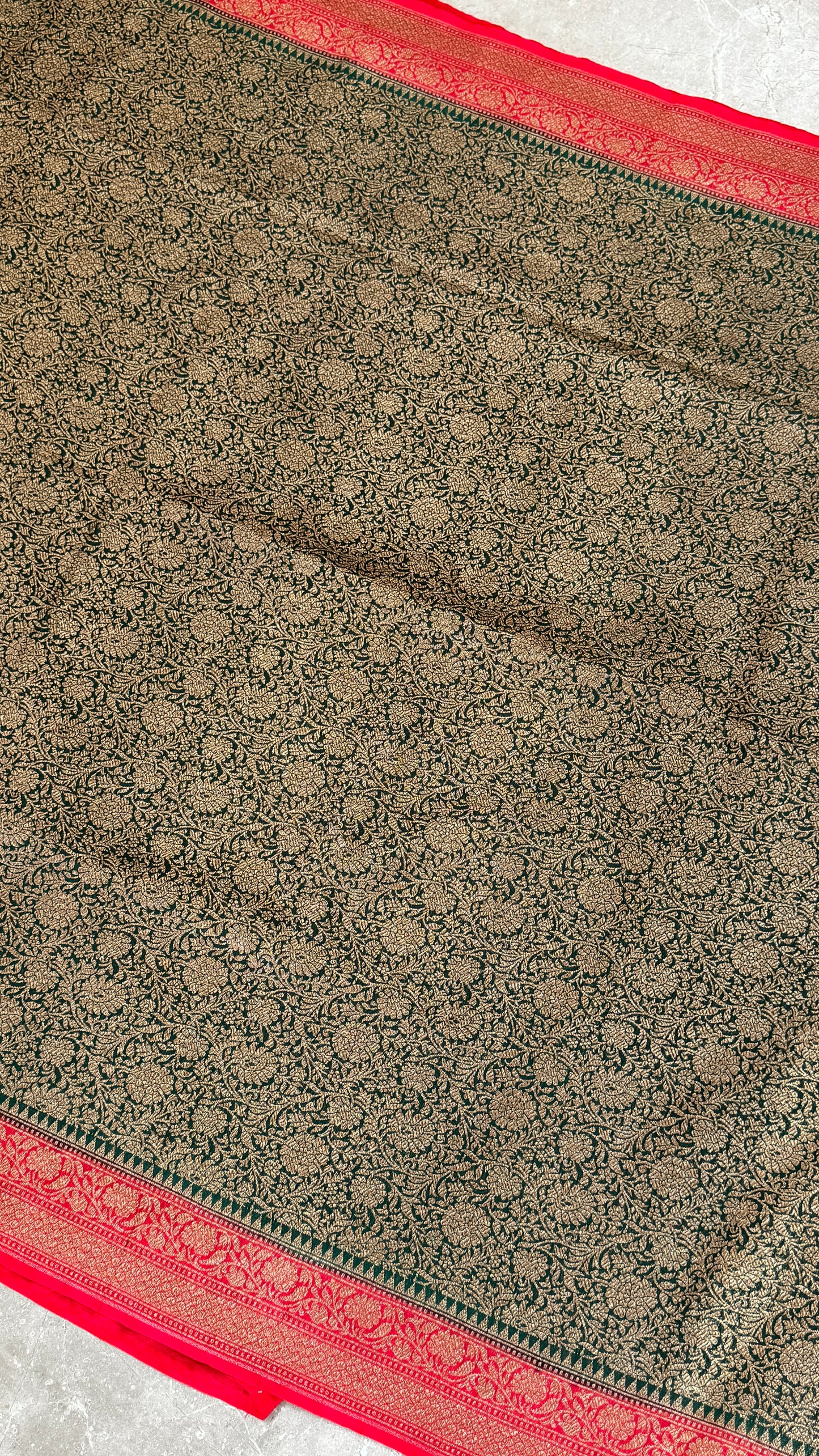 Raw Banarasi Handloom – Bottle Green with Red