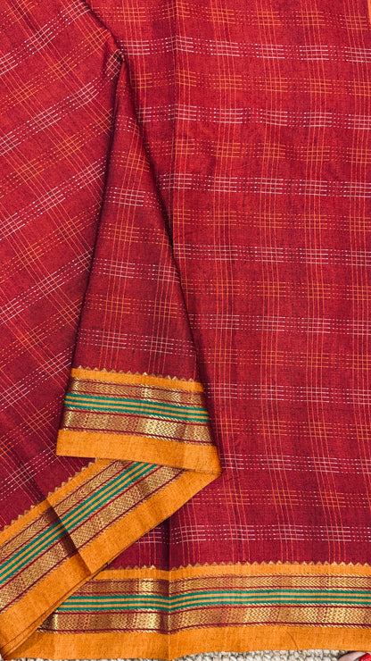 Traditional Ilkal Saree – Maroon with Mustard Border & Pallu