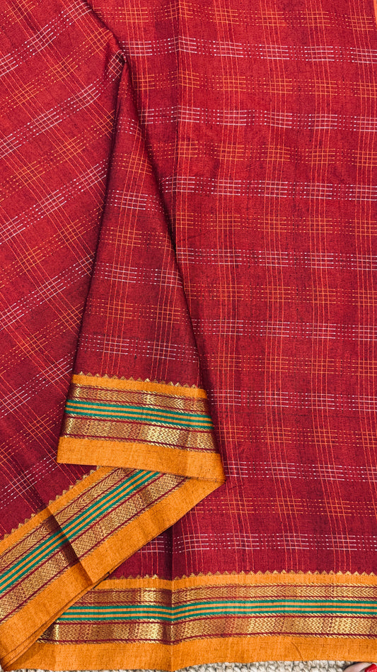 Traditional Ilkal Saree – Maroon with Mustard Border & Pallu