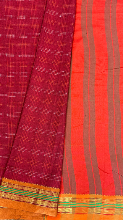 Traditional Ilkal Saree – Maroon with Mustard Border & Pallu