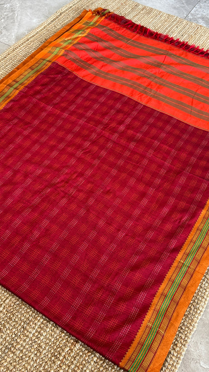 Traditional Ilkal Saree – Maroon with Mustard Border & Pallu