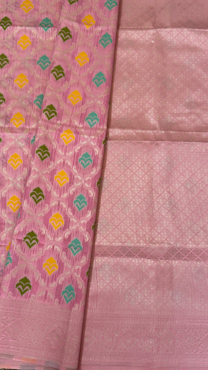 Cotton Silk Saree – Baby Pink with Meenakari Detailing and Gold Zari border