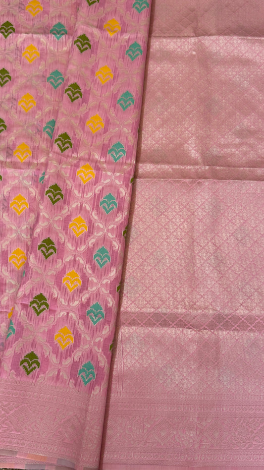 Cotton Silk Saree – Baby Pink with Meenakari Detailing and Gold Zari border