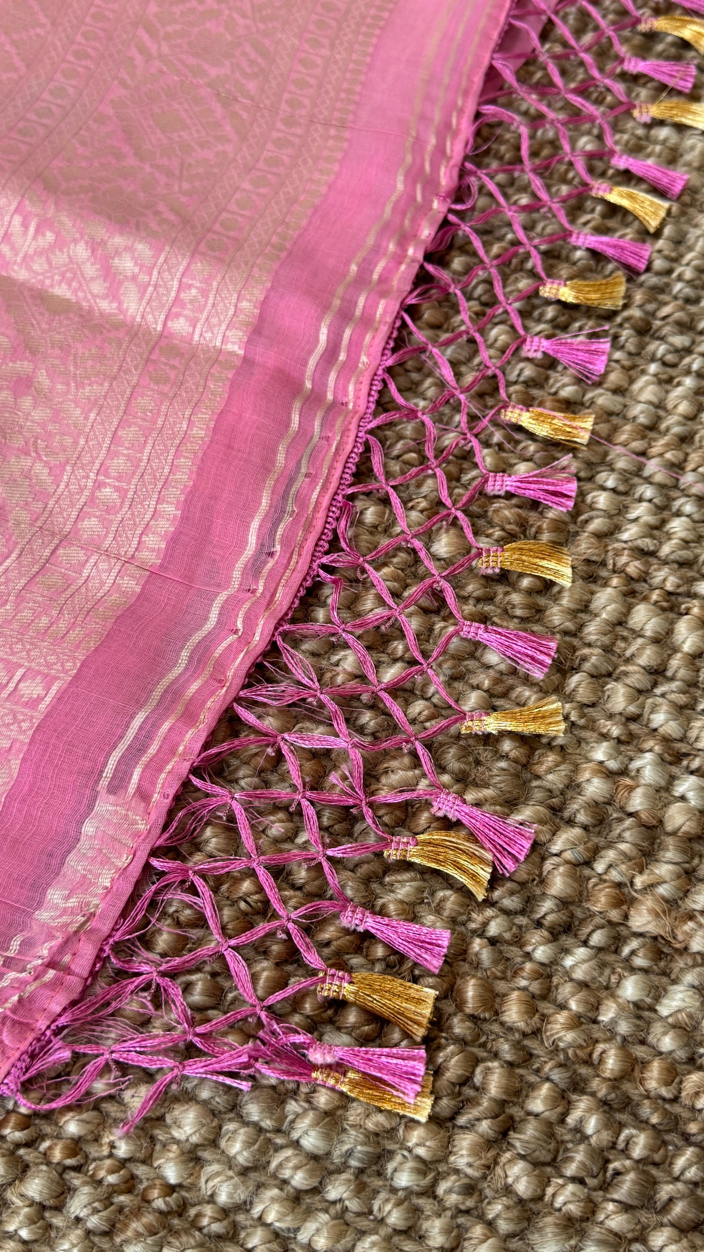 Cotton Silk Saree – Baby Pink with Meenakari Detailing and Gold Zari border