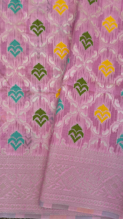 Cotton Silk Saree – Baby Pink with Meenakari Detailing and Gold Zari border