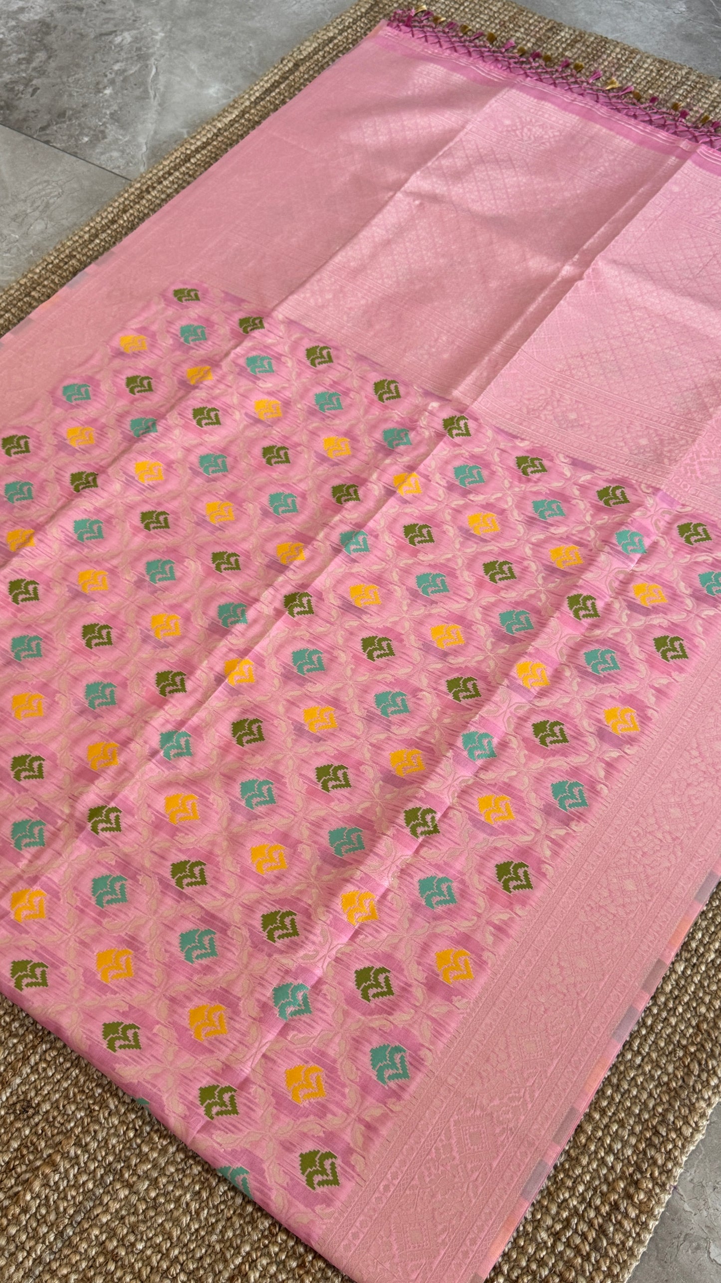 Cotton Silk Saree – Baby Pink with Meenakari Detailing and Gold Zari border