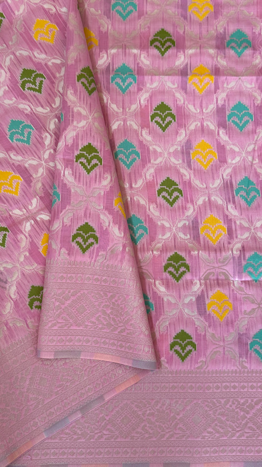 Cotton Silk Saree – Baby Pink with Meenakari Detailing and Gold Zari border
