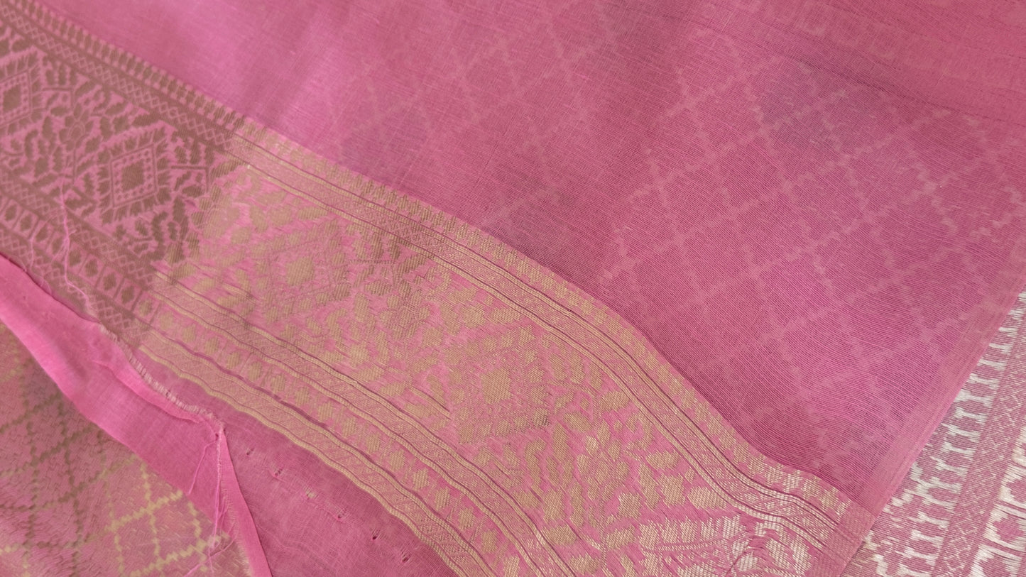 Cotton Silk Saree – Baby Pink with Meenakari Detailing and Gold Zari border