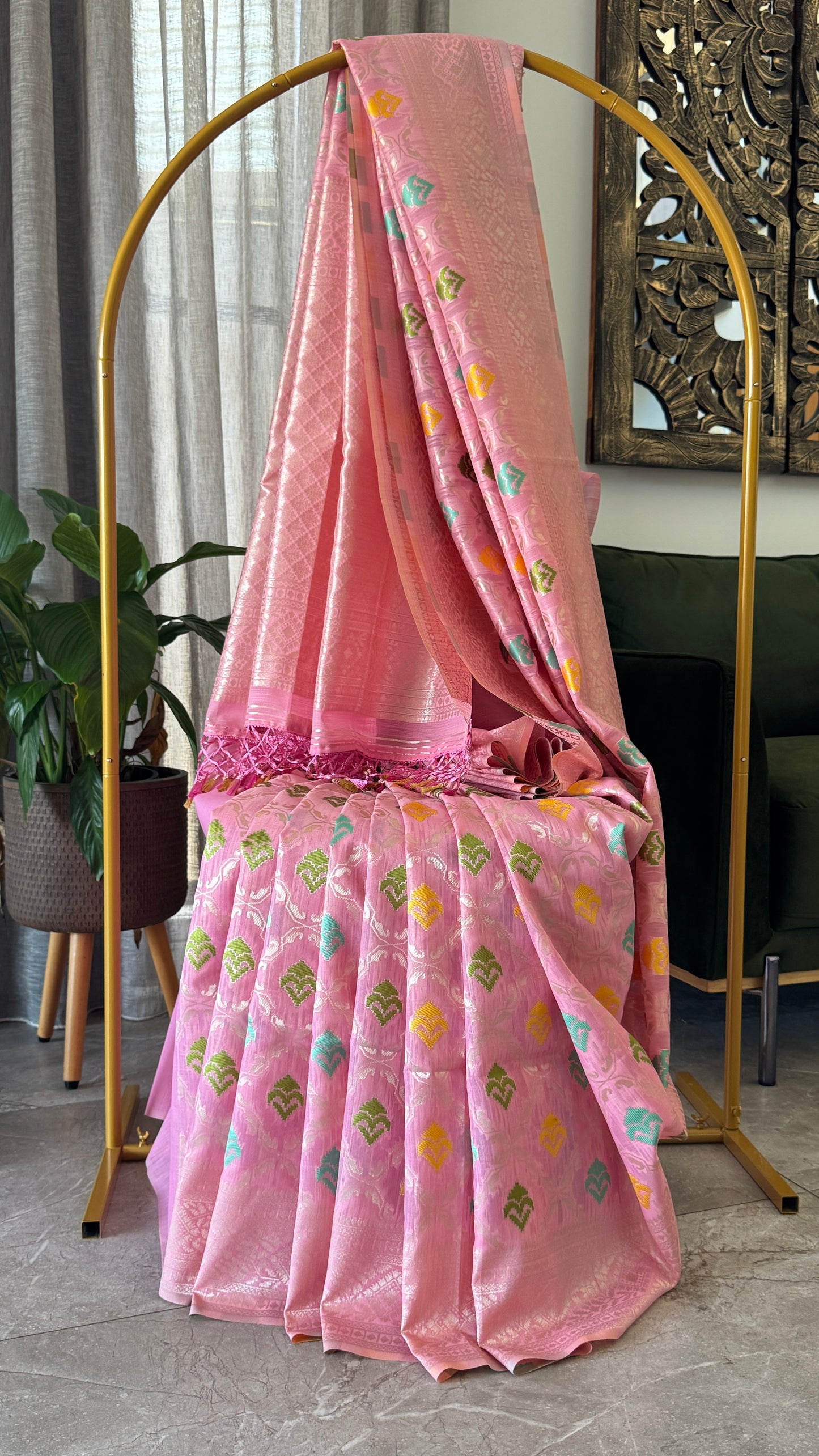 Cotton Silk Saree – Baby Pink with Meenakari Detailing and Gold Zari border