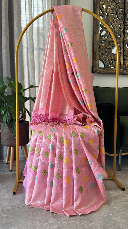 Cotton Silk Saree – Baby Pink with Meenakari Detailing and Gold Zari border