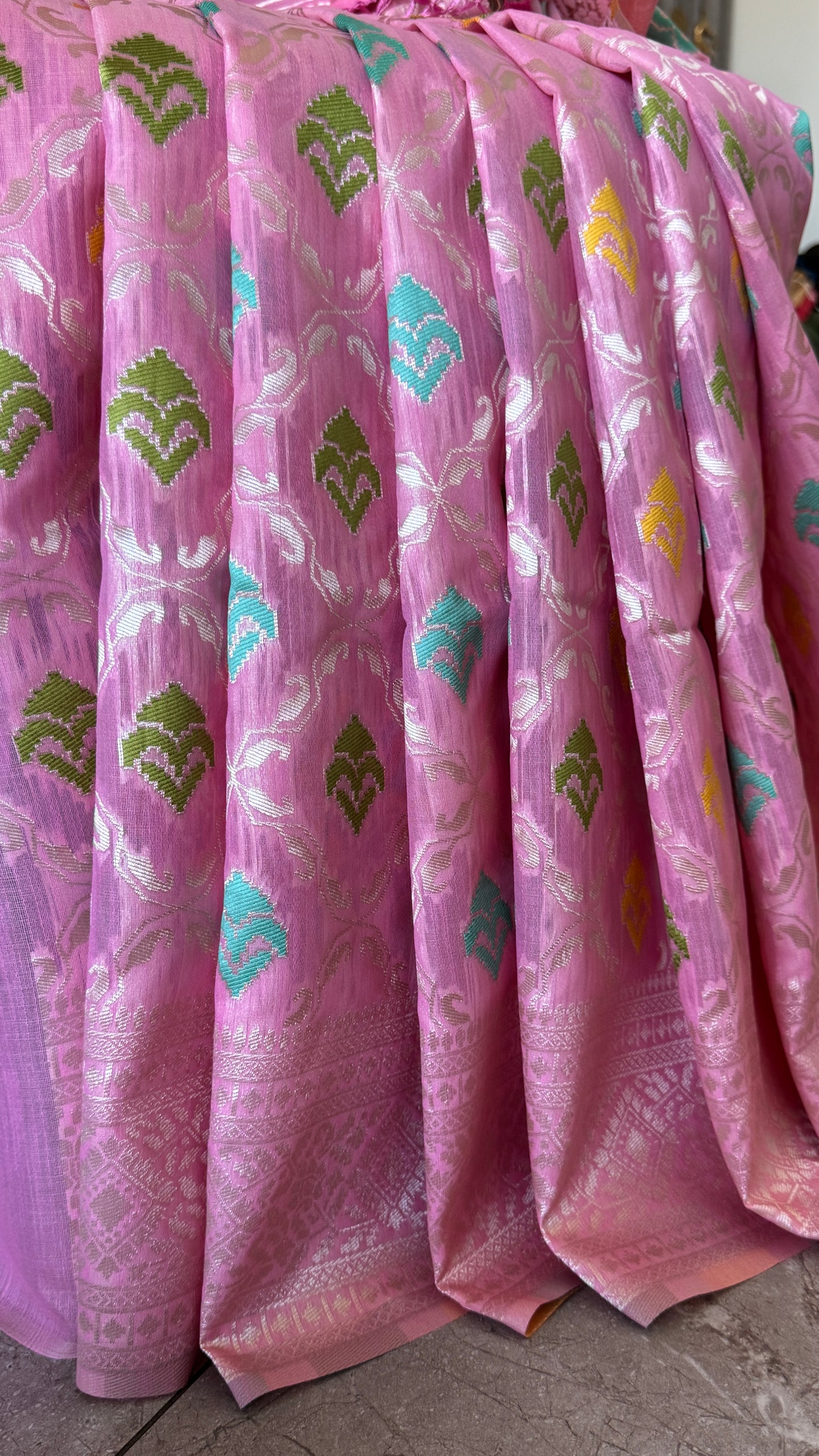 Cotton Silk Saree – Baby Pink with Meenakari Detailing and Gold Zari border