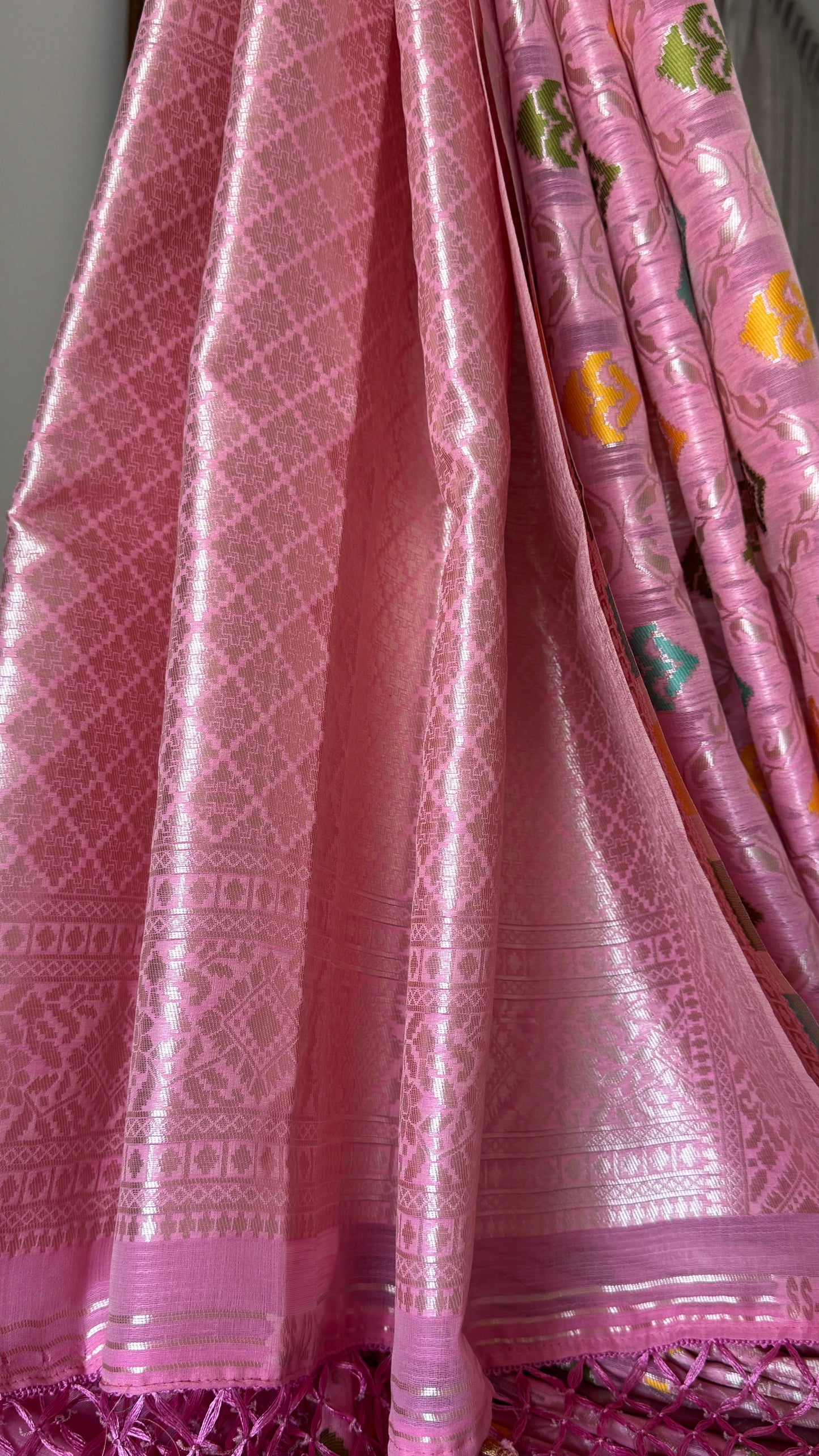 Cotton Silk Saree – Baby Pink with Meenakari Detailing and Gold Zari border
