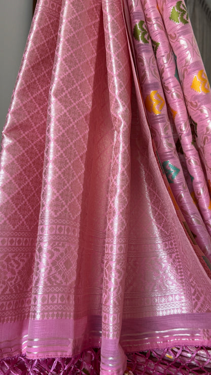 Cotton Silk Saree – Baby Pink with Meenakari Detailing and Gold Zari border