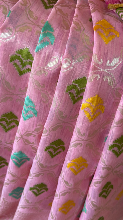 Cotton Silk Saree – Baby Pink with Meenakari Detailing and Gold Zari border