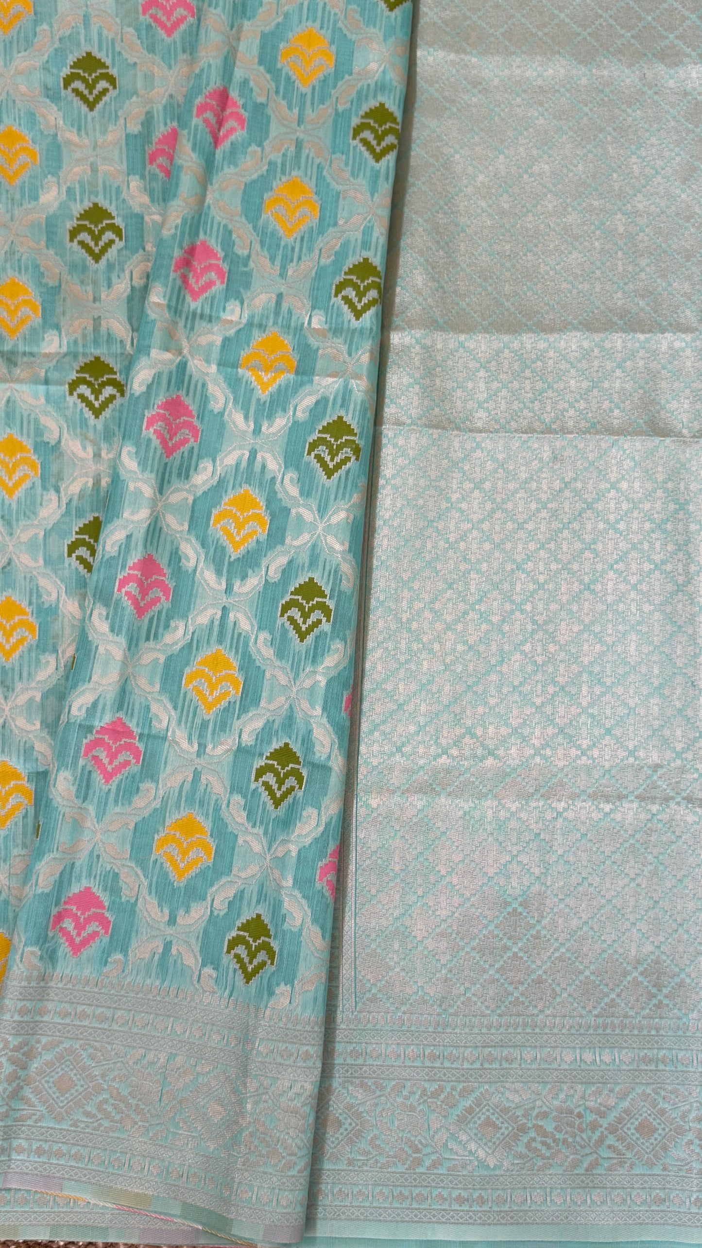 Cotton Silk Saree – Baby Blue with Meenakari Detailing and Gold Zari border