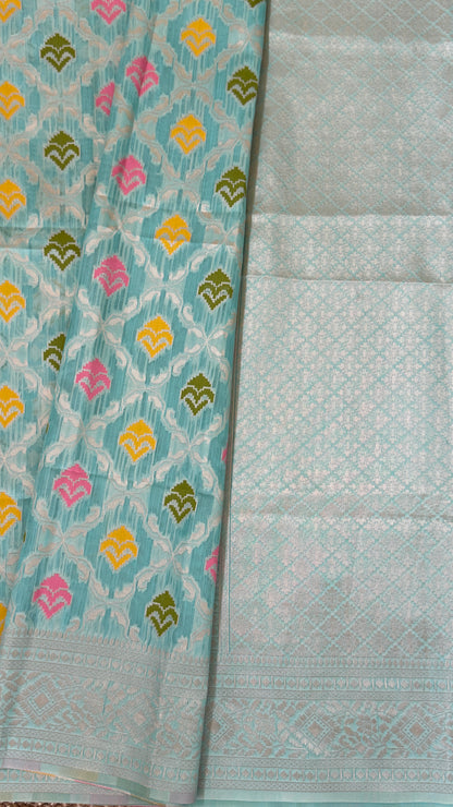 Cotton Silk Saree – Baby Blue with Meenakari Detailing and Gold Zari border