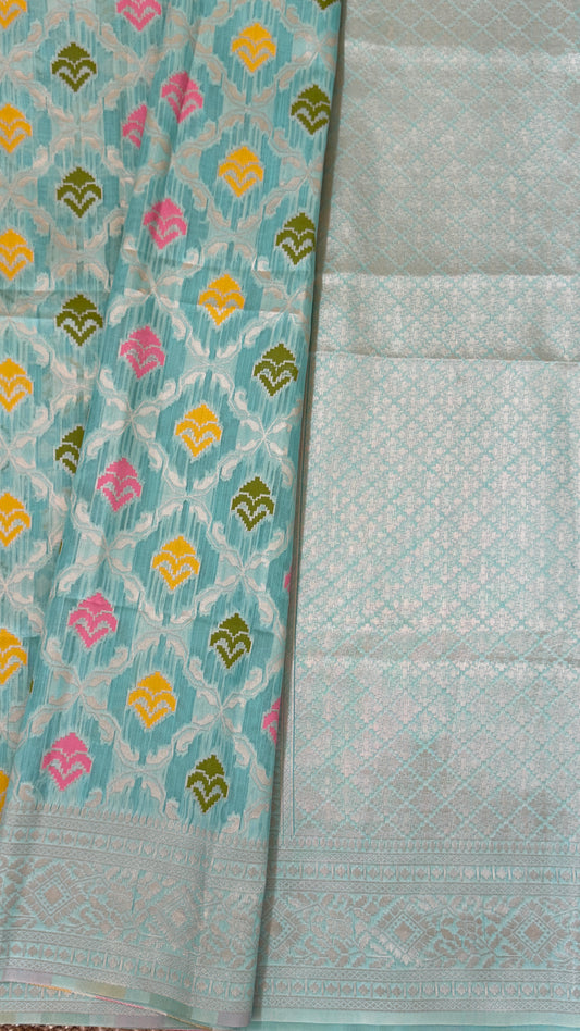 Cotton Silk Saree – Baby Blue with Meenakari Detailing and Gold Zari border