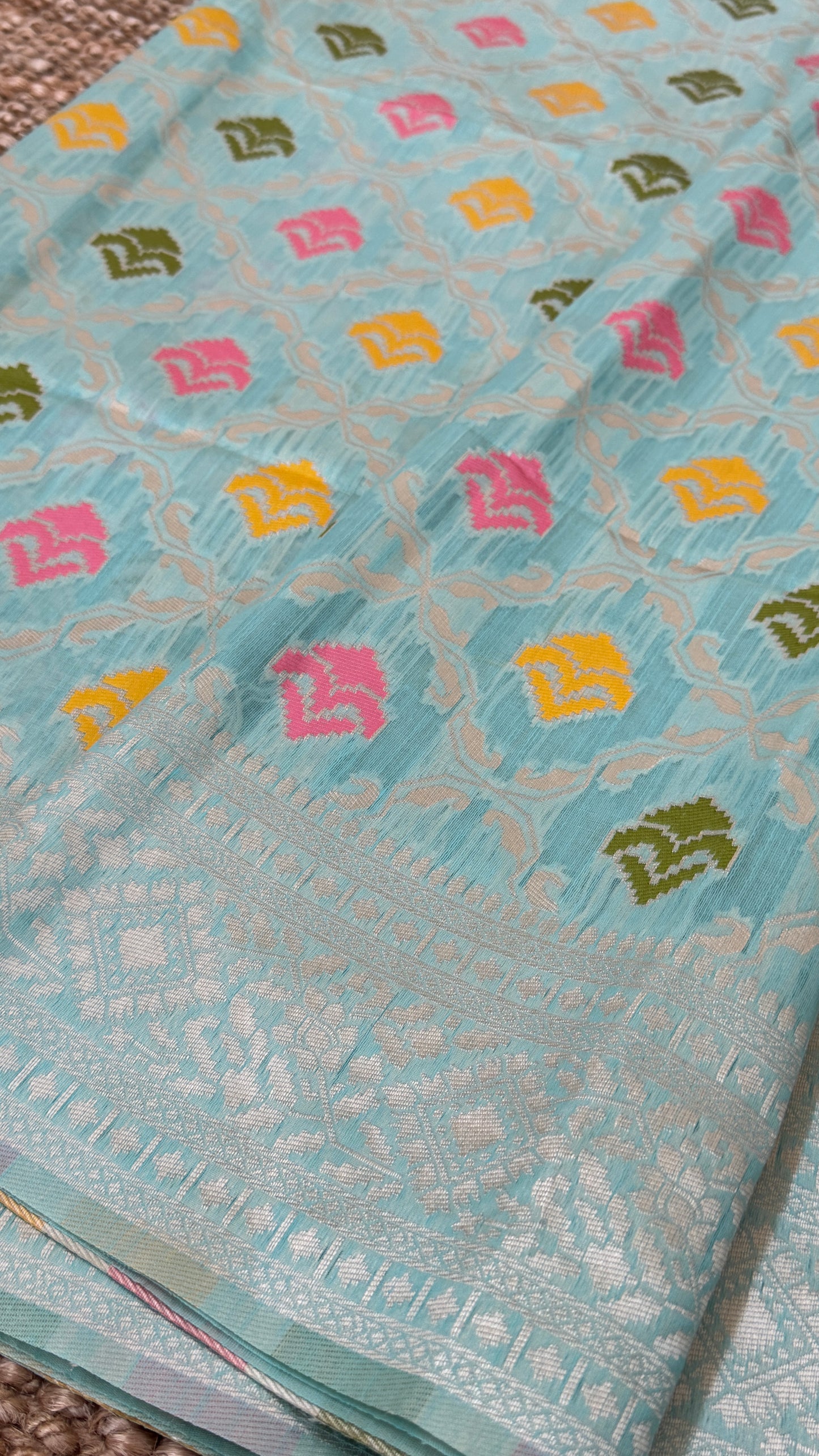 Cotton Silk Saree – Baby Blue with Meenakari Detailing and Gold Zari border