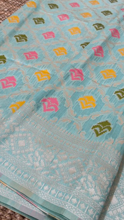 Cotton Silk Saree – Baby Blue with Meenakari Detailing and Gold Zari border