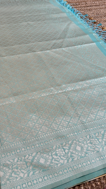 Cotton Silk Saree – Baby Blue with Meenakari Detailing and Gold Zari border