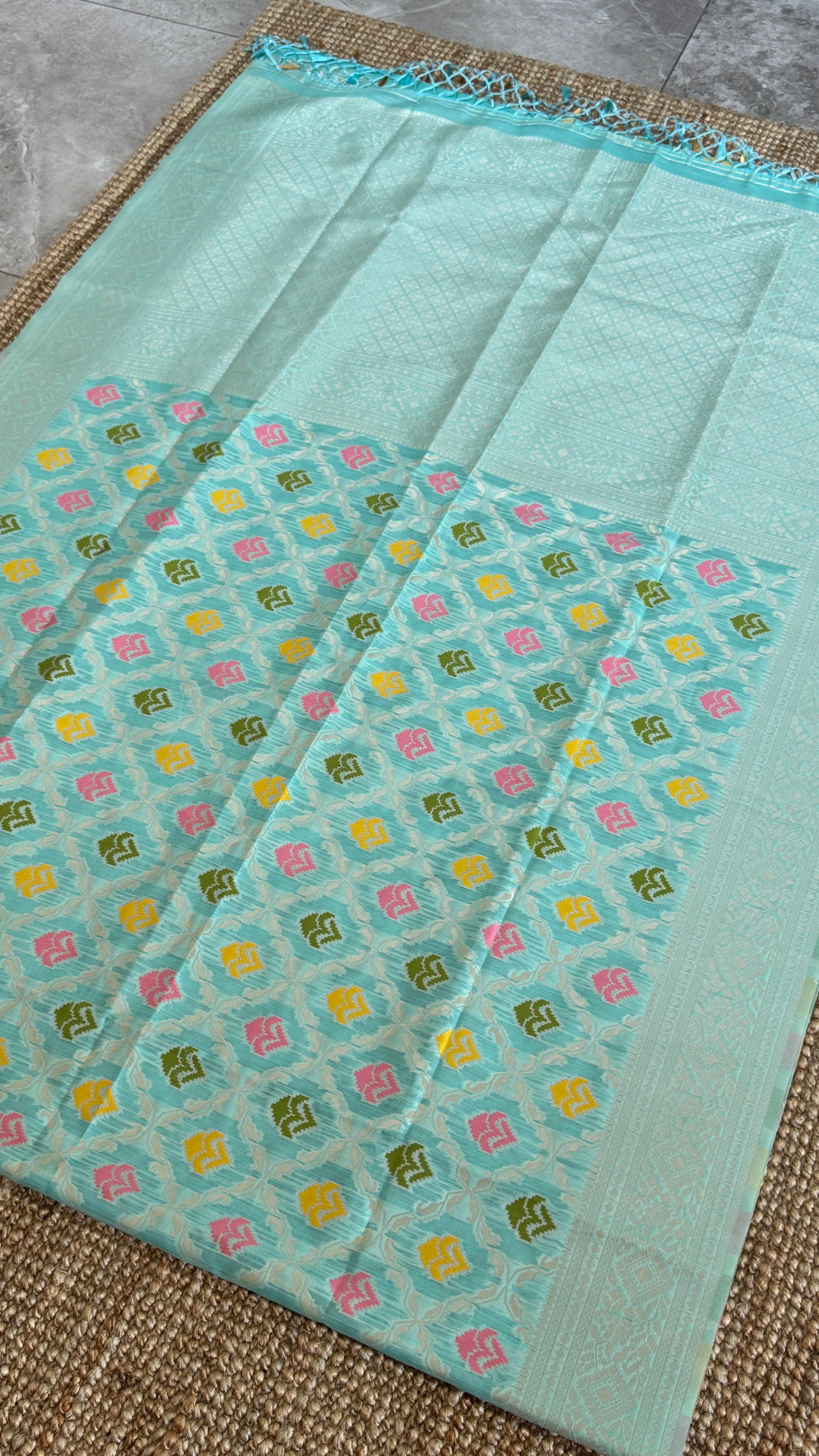Cotton Silk Saree – Baby Blue with Meenakari Detailing and Gold Zari border