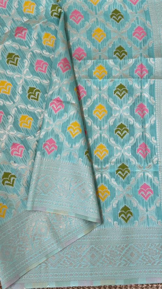 Cotton Silk Saree – Baby Blue with Meenakari Detailing and Gold Zari border