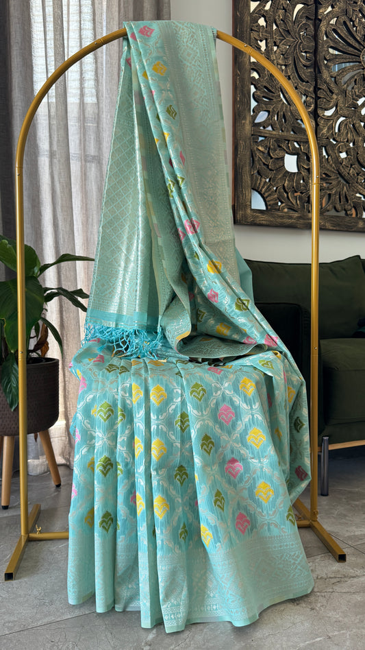 Cotton Silk Saree – Baby Blue with Meenakari Detailing and Gold Zari border