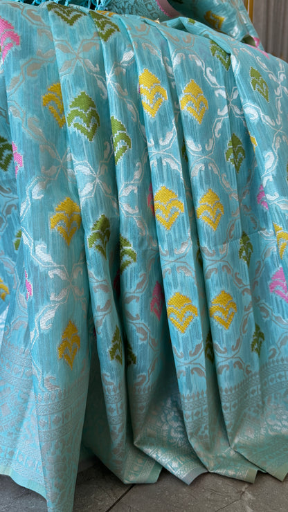 Cotton Silk Saree – Baby Blue with Meenakari Detailing and Gold Zari border