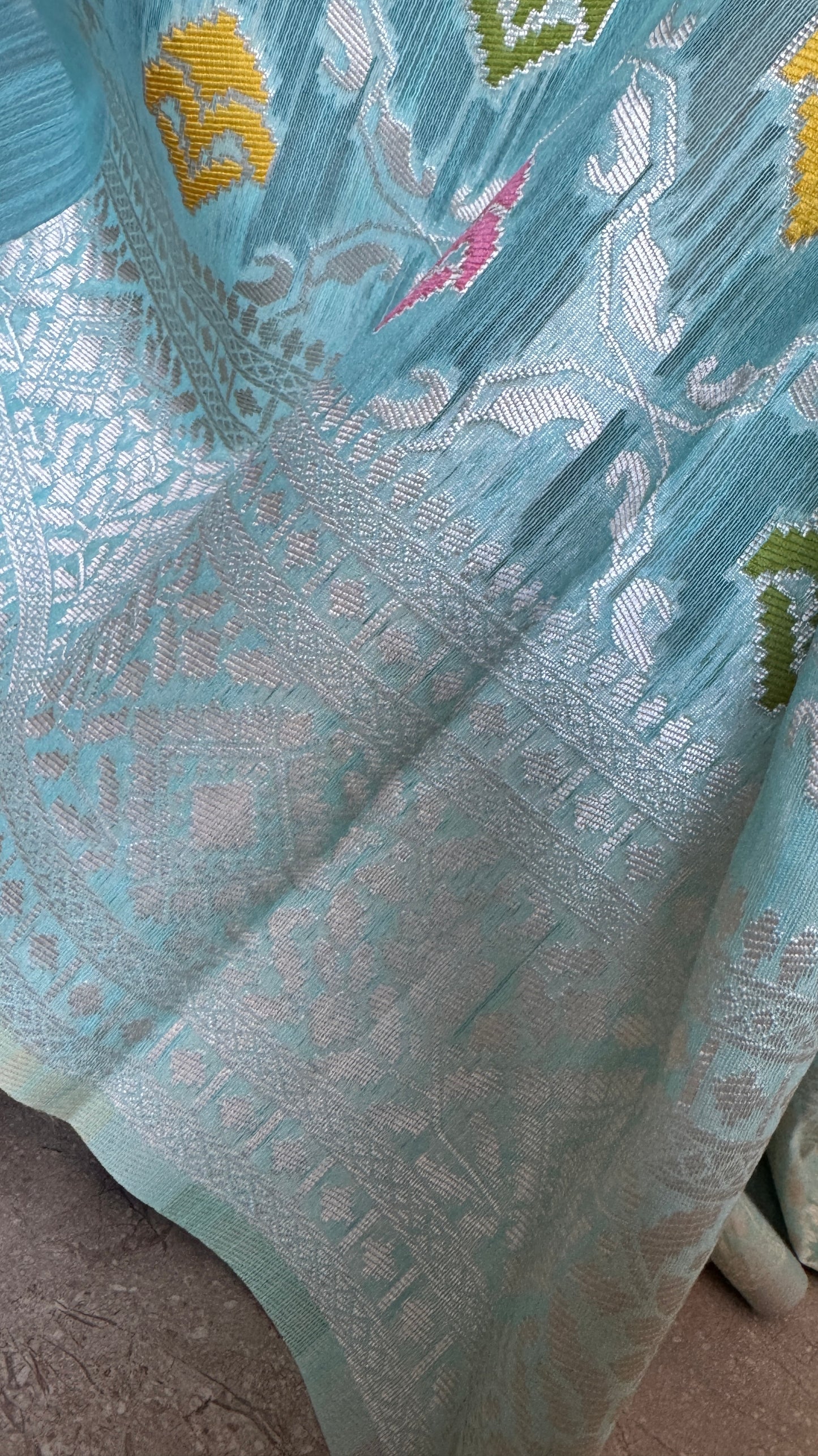 Cotton Silk Saree – Baby Blue with Meenakari Detailing and Gold Zari border