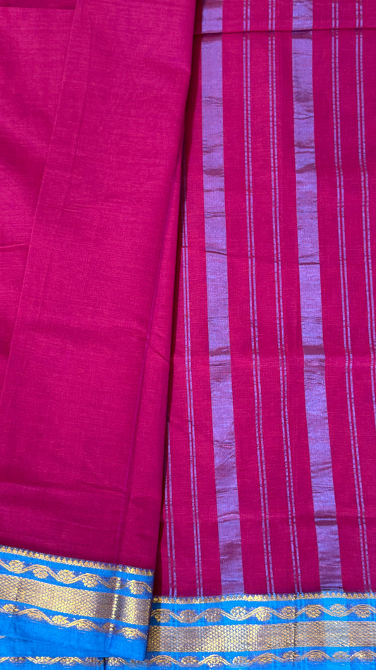 Nine-Yard Chettinad Cotton Sarees - Pink with blue border