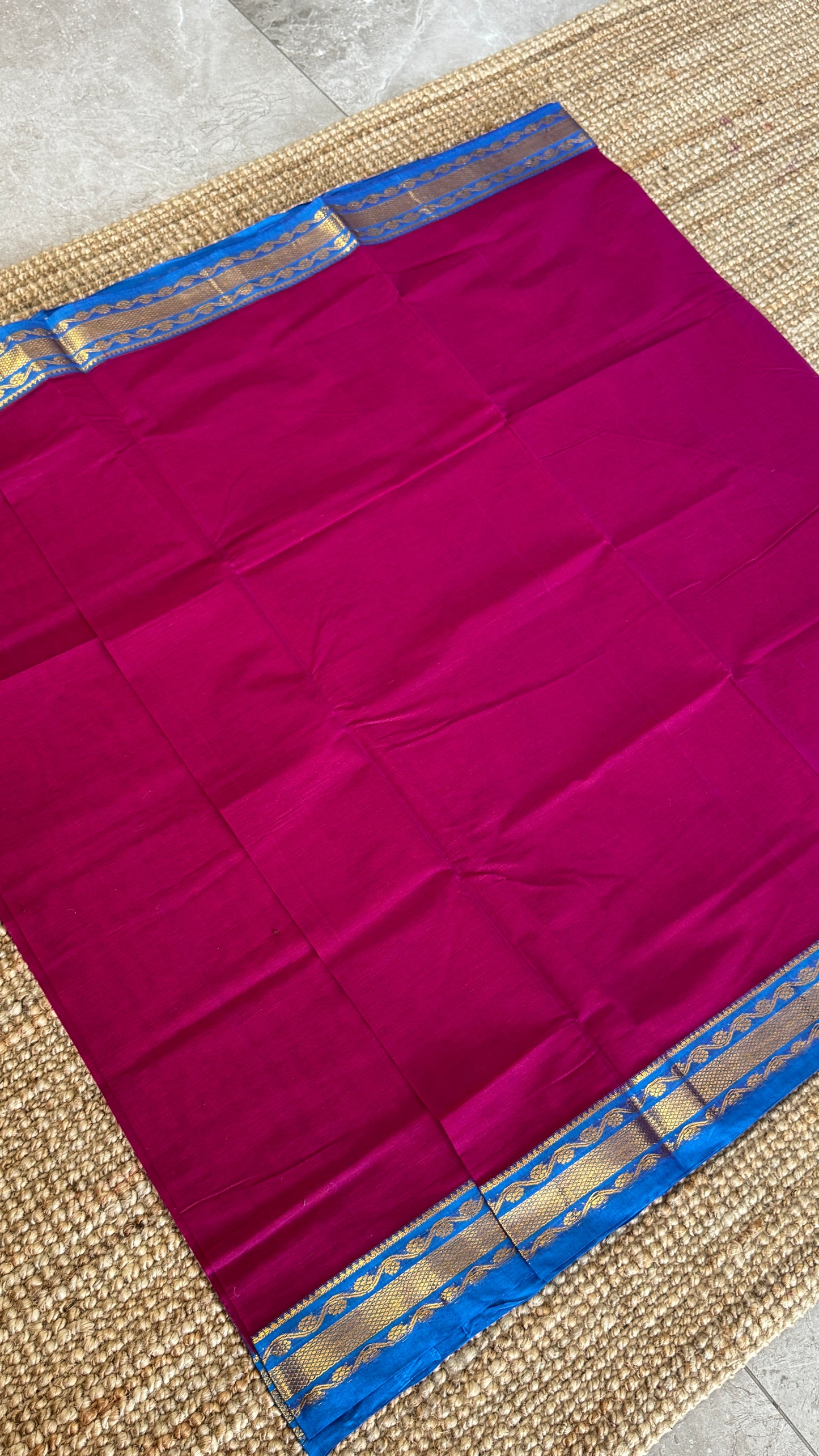 Nine-Yard Chettinad Cotton Sarees - Pink with blue border