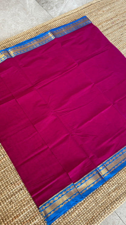 Nine-Yard Chettinad Cotton Sarees - Pink with blue border