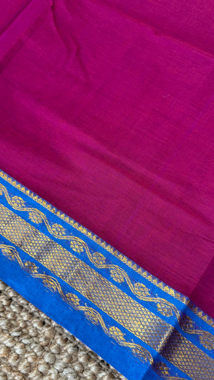 Nine-Yard Chettinad Cotton Sarees - Pink with blue border