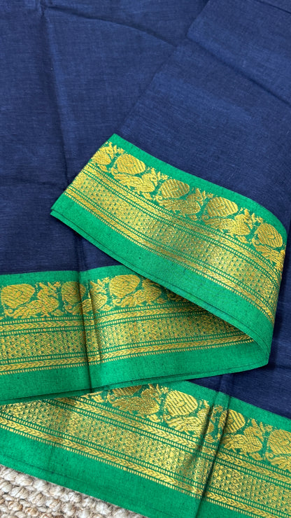 Nine-Yard Chettinad Cotton Sarees - Blue with Green border