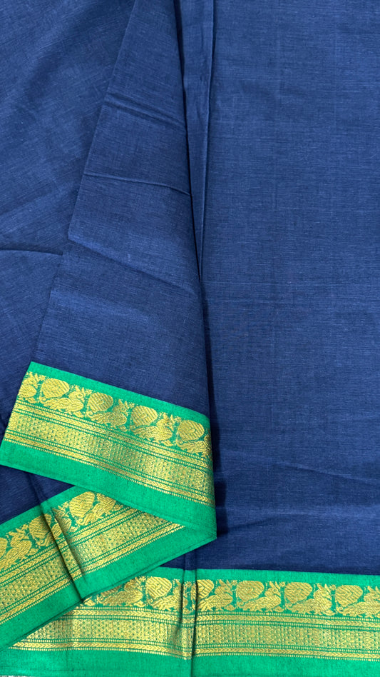 Nine-Yard Chettinad Cotton Sarees - Blue with Green border