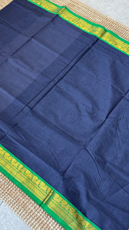 Nine-Yard Chettinad Cotton Sarees - Blue with Green border