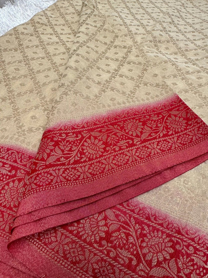 Georgette Silk Banarasi Saree – Beige & Red