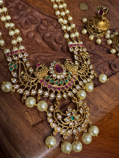 Pearl Temple Jewellery Set – Long Haar with Ruby & Emerald Pendant and Small Jhumkas