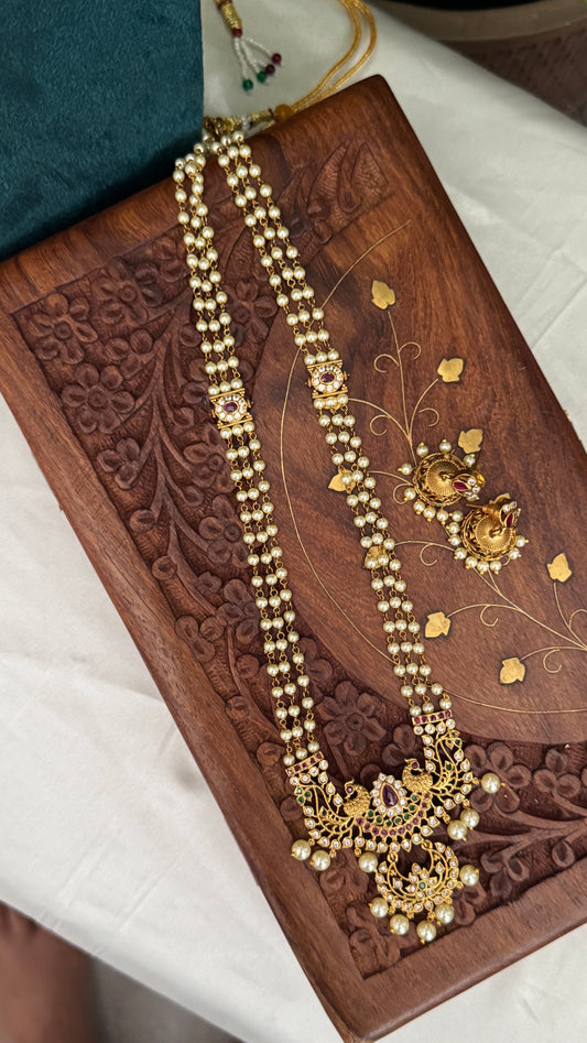 Pearl Temple Jewellery Set – Long Haar with Ruby & Emerald Pendant and Small Jhumkas