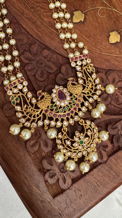 Pearl Temple Jewellery Set – Long Haar with Ruby & Emerald Pendant and Small Jhumkas