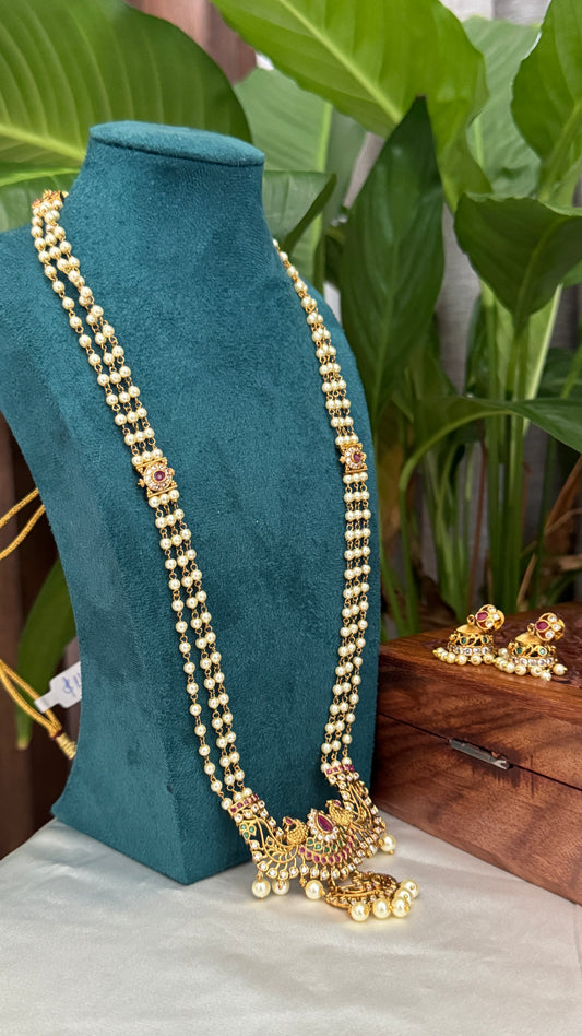 Pearl Temple Jewellery Set – Long Haar with Ruby & Emerald Pendant and Small Jhumkas