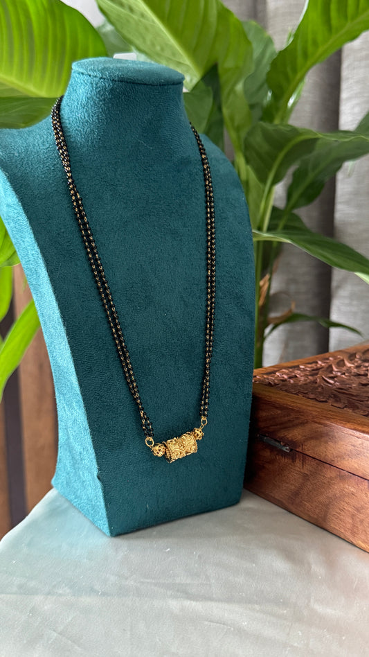 Long Mangalsutra with Gold-Coated Pendant – Traditional Black Bead Necklace