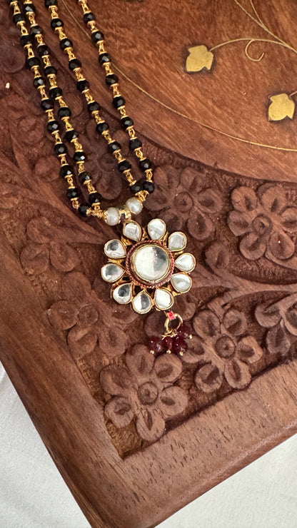Long Mangalsutra with Kundan Pendant – Traditional Black Bead Necklace