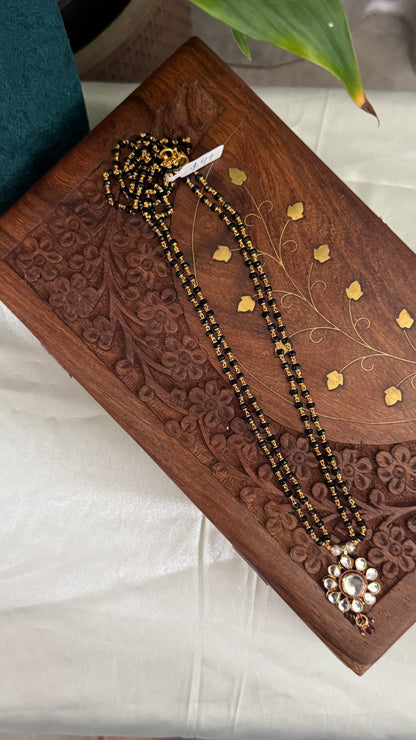 Long Mangalsutra with Kundan Pendant – Traditional Black Bead Necklace