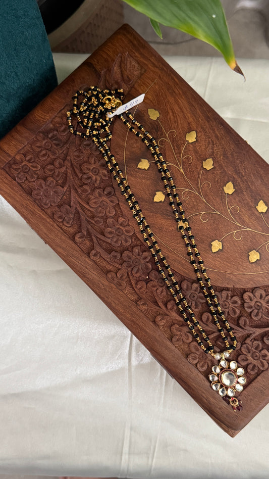 Long Mangalsutra with Kundan Pendant – Traditional Black Bead Necklace