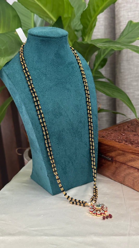 Long Mangalsutra with Kundan Pendant – Traditional Black Bead Necklace