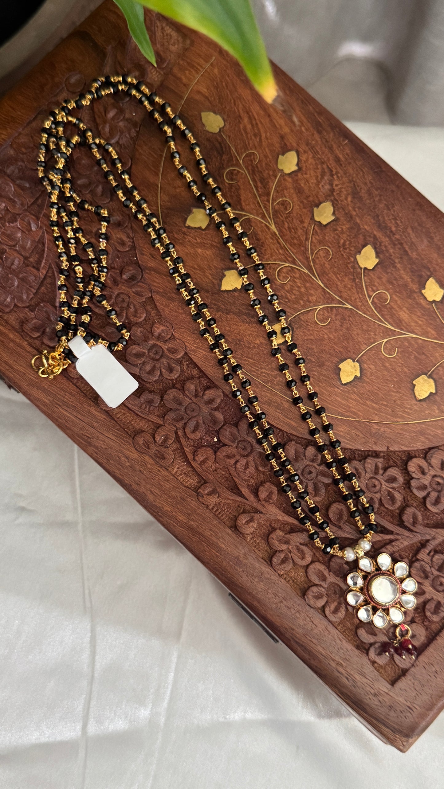 Long Mangalsutra with Kundan Pendant – Traditional Black Bead Necklace
